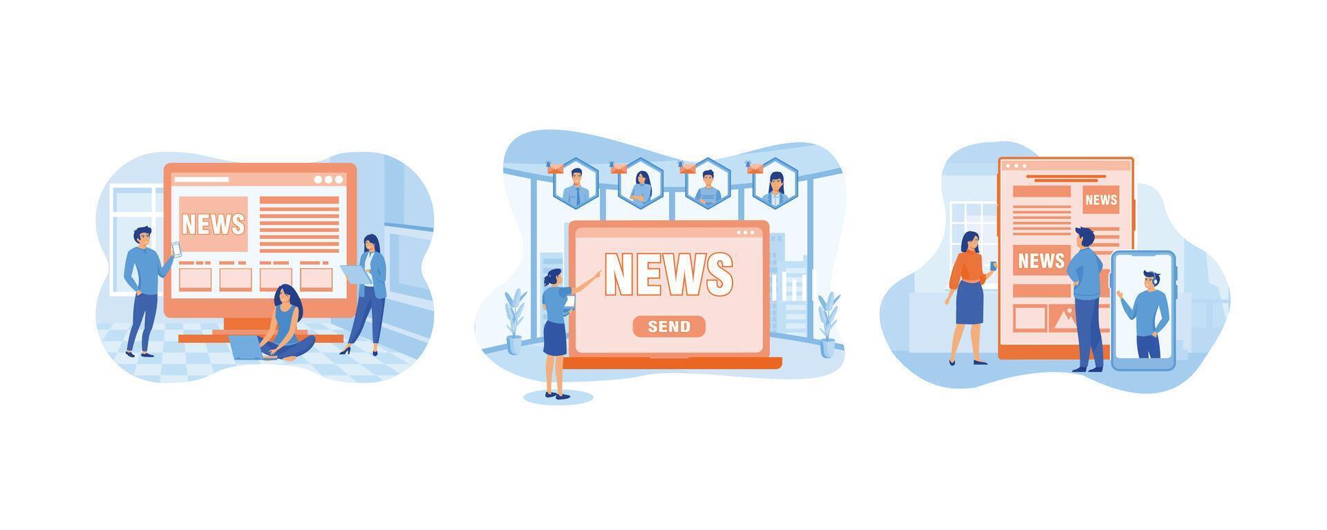 Modern young men and women use smartphones to read news. Mobile phone user sharing news online. People reading print newspaper. Set flat modern illustration vector
