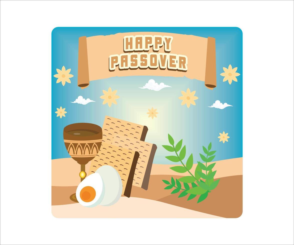 A of the traditional matzot, eggs and chalice for Passover. Flat modern illustration vector