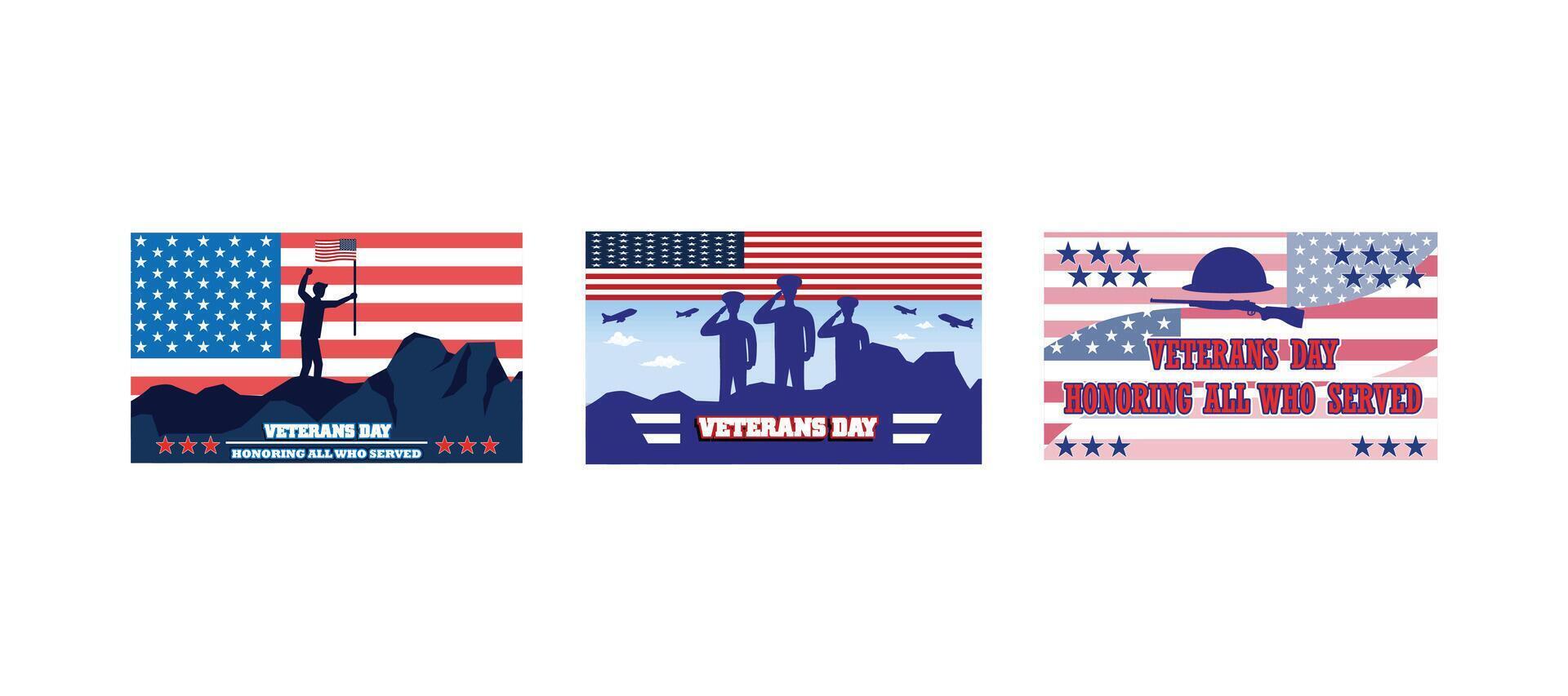 Veteran's day with american flag and soldiers. Veterans day poster. Respect all who serve. Set flat modern illustration vector