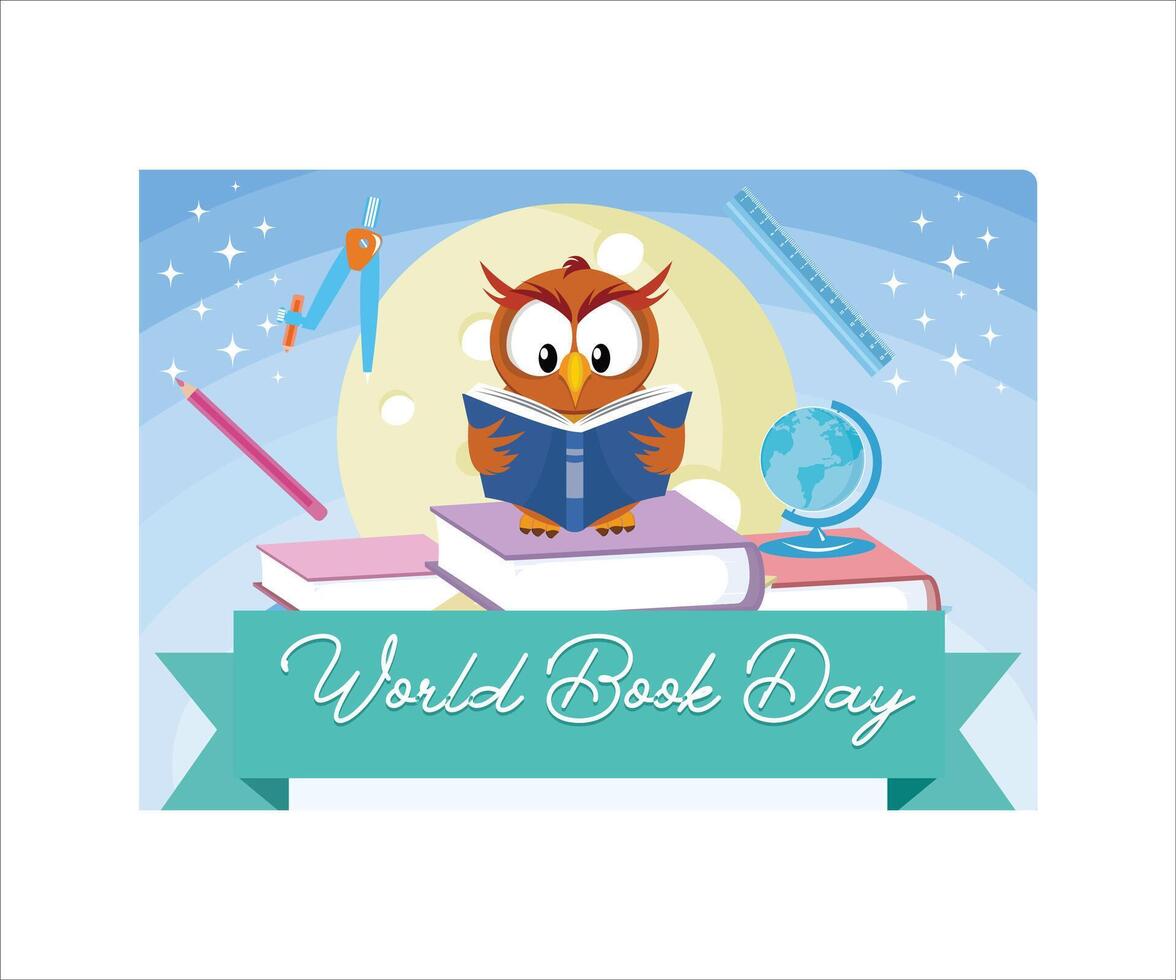 World Book Day Design by Owl Reading A Book. Flat modern illustration vector