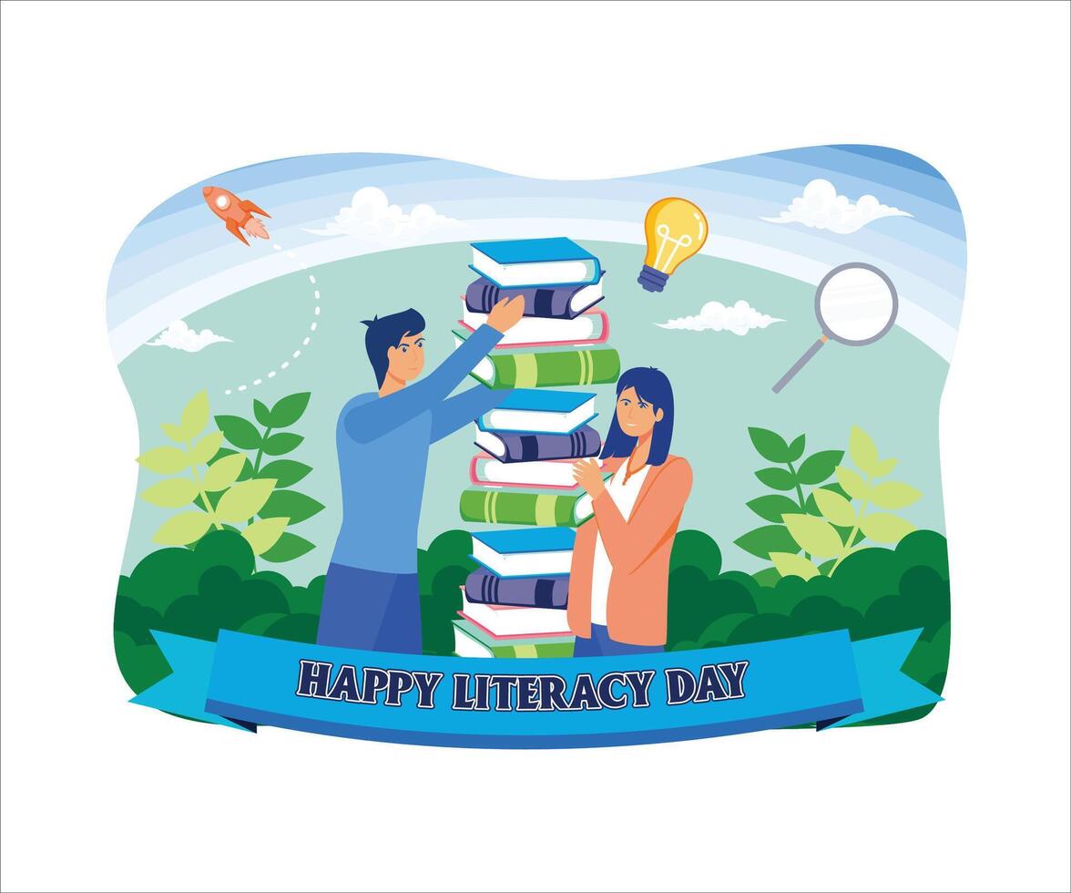 A boy and a girl are stacking up and collecting books to read together. Happy Literacy Day on the 8th of September. Flat modern illustration vector