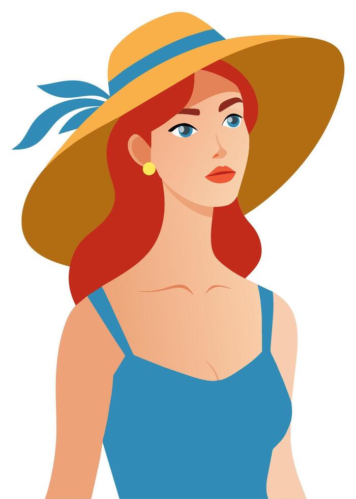 Trendy illustration of a beautiful woman in summer hat. The theme of summer holidays, vacation. vector
