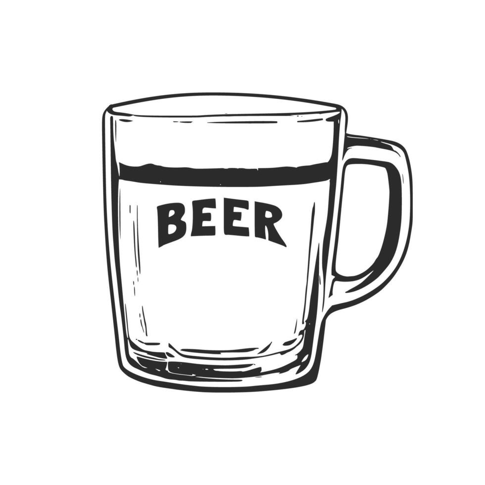 Glass mug of beer. Black and white hand drawn illustration. vector