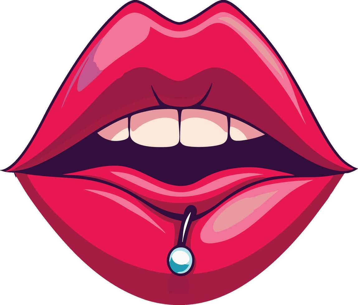 Illustration featuring glossy red lips with a lower lip piercing, slightly parted and showing teeth vector