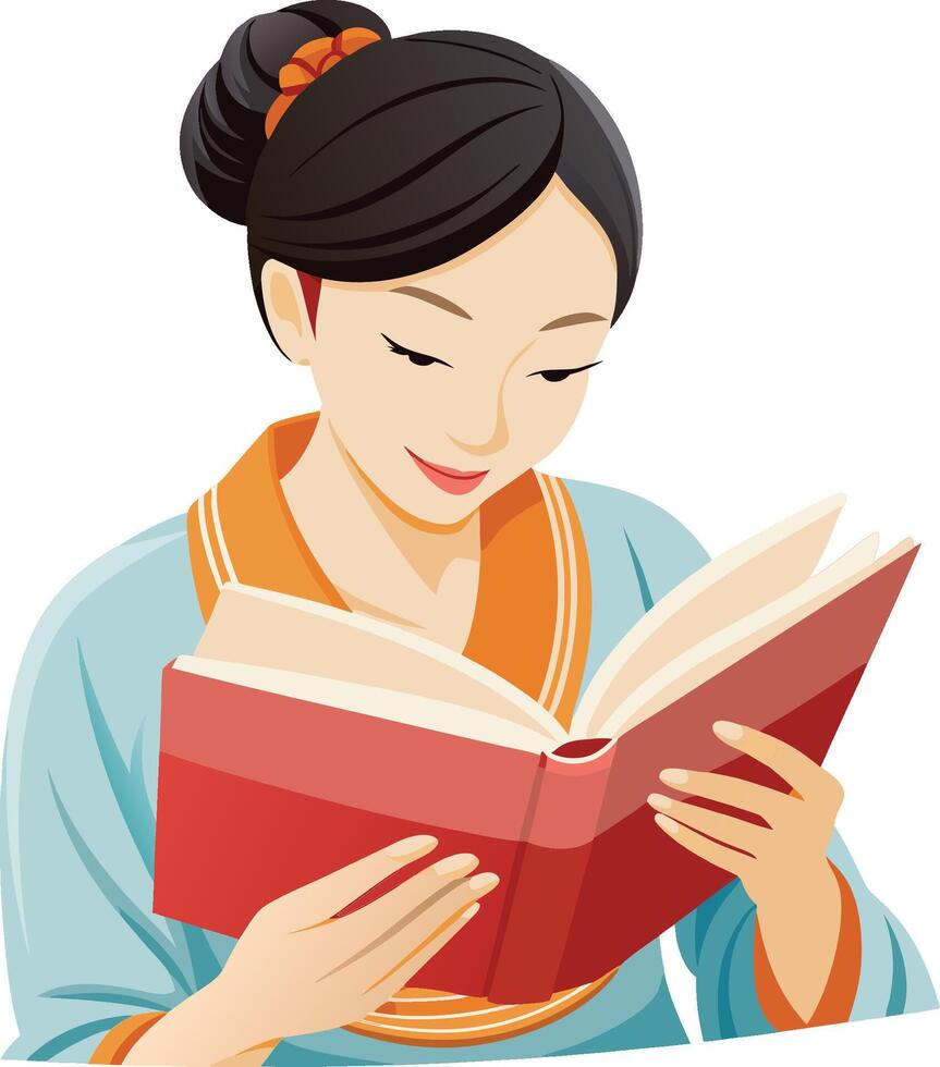 Young woman reading a book with a smile vector