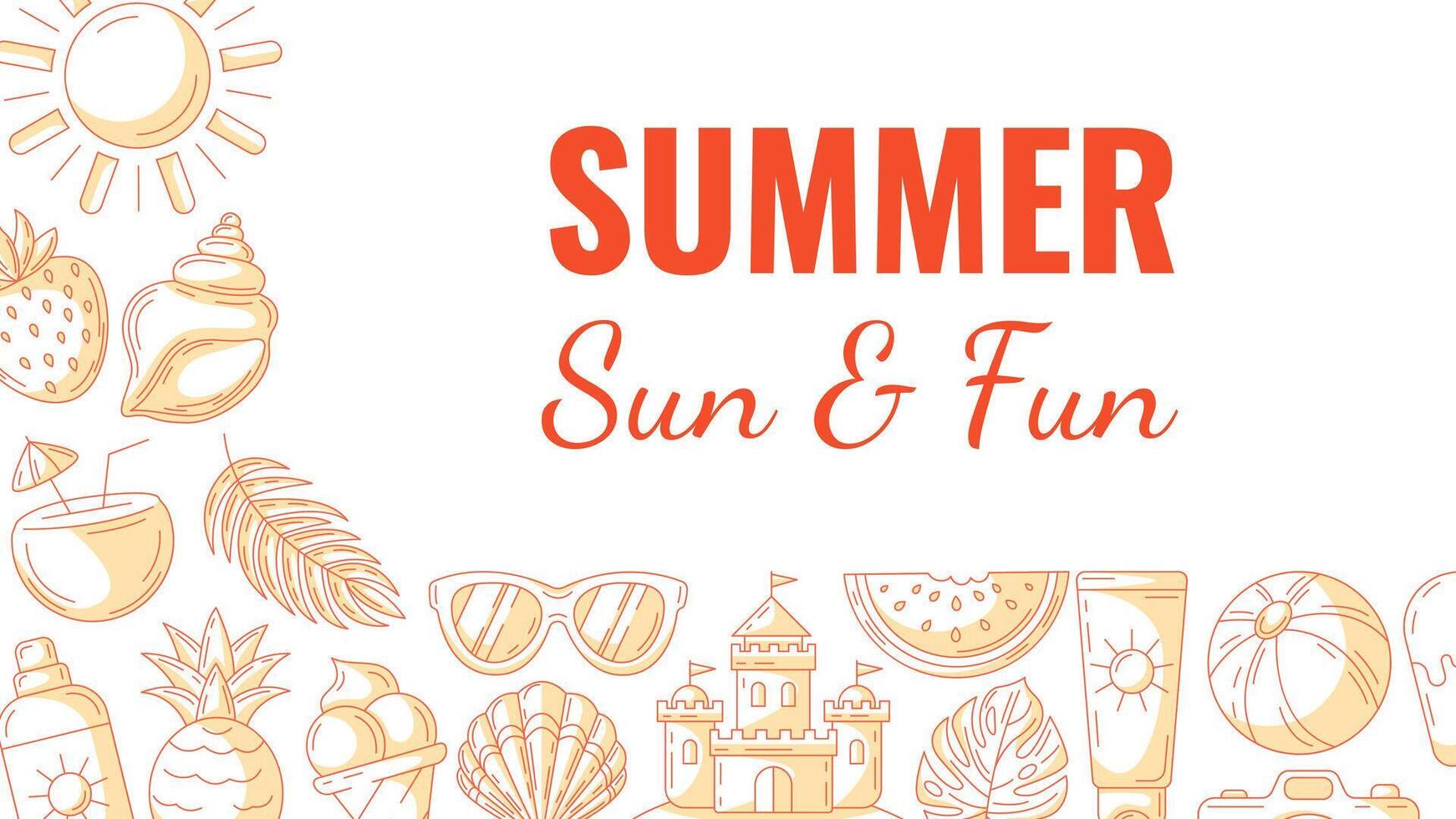 Summer minimal horizontal banner, beach accessories, orange monochrome icons. Side borders of frame, copy space, isolated on white. Summertime, sun and fun. For poster, flyer, card, invitation vector