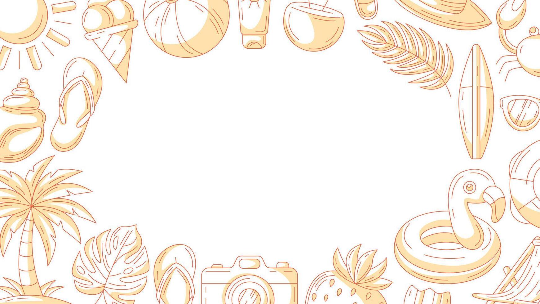 Summer minimal horizontal banner, beach accessories orange monochrome icons. Round border frame, copy space, isolated on white. Summertime. For poster, flyer, card, invitation, social media, postcard vector