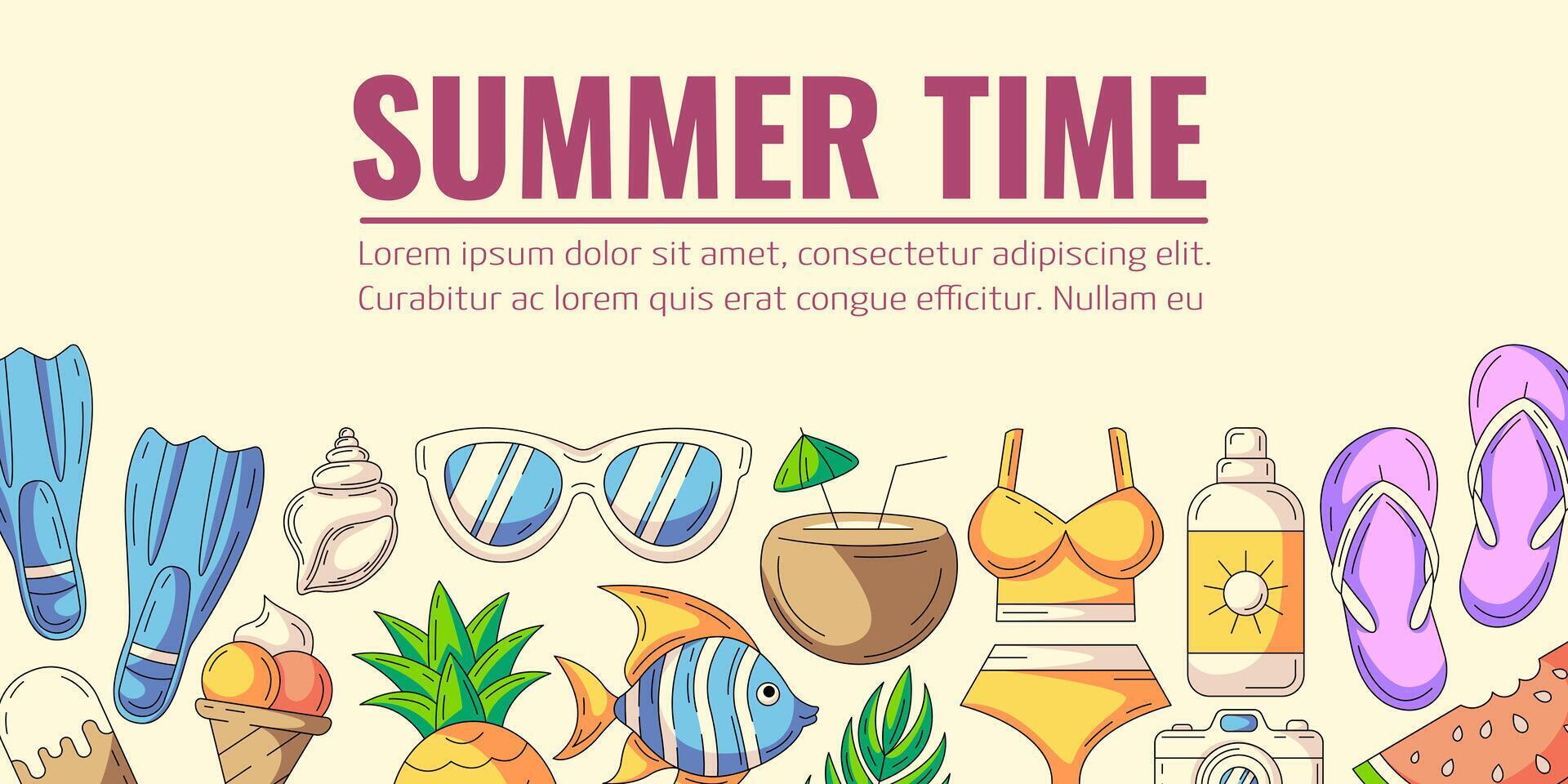 Summer colorful horizontal banner, beach accessories icons. Bottom border frame, copy space. Summertime, holiday and vacation. For poster, flyer, card, invitation, social media, postcard vector