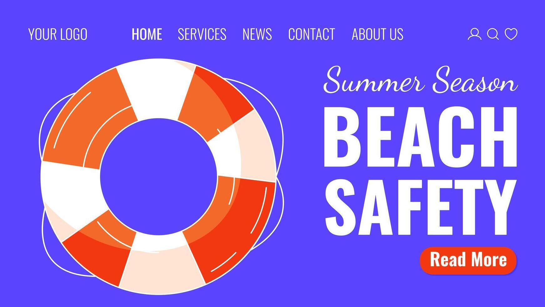 Summer season, water and beach safety, lifebuoy. Creative landing page template for website, web, banner. Concept of summertime, season vacation, sea rescue warning, emergency assistance vector