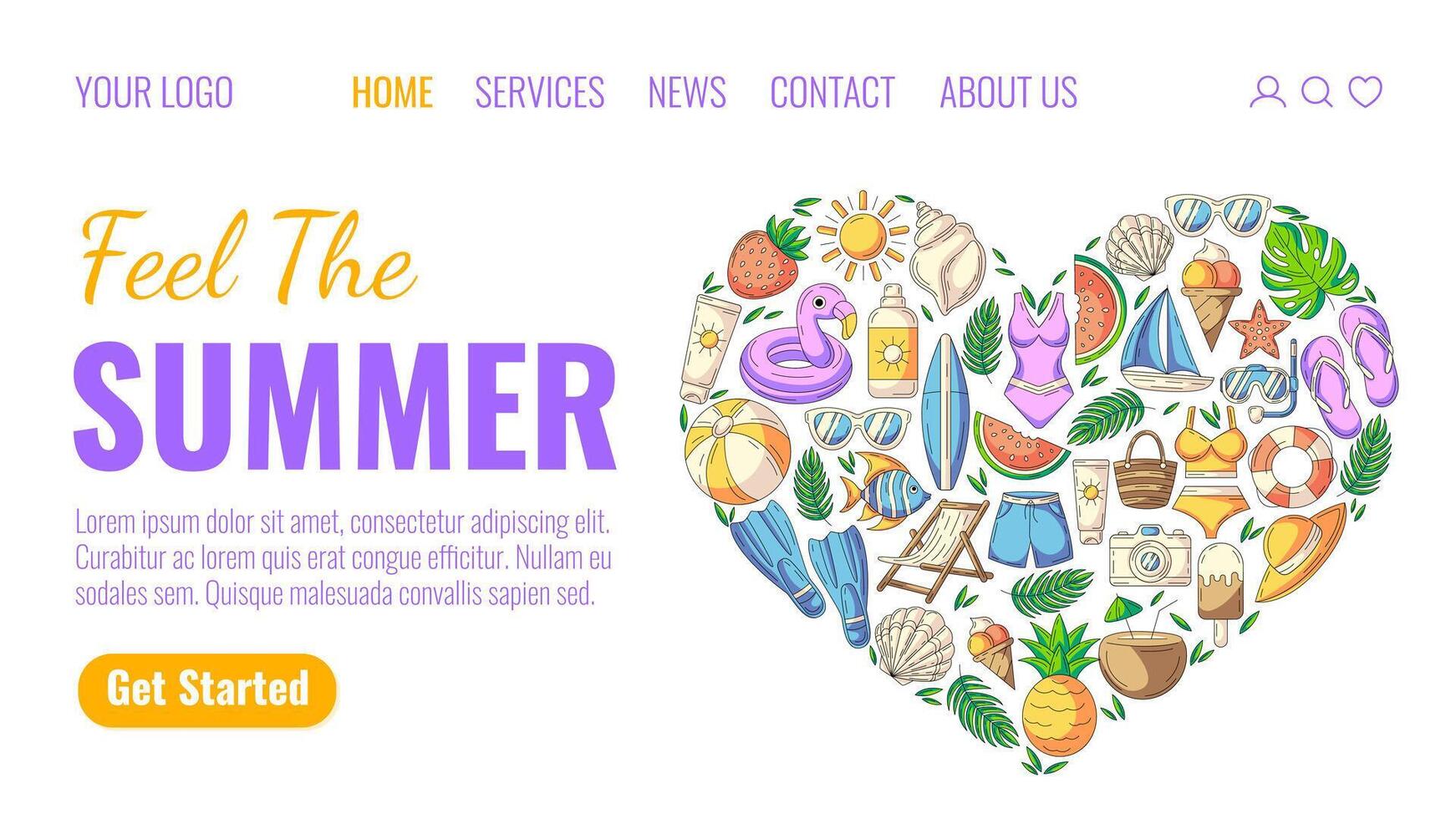 Summer beach holiday elements in heart shape Creative landing page Summer beach holiday elements in heart shape Creative landing page