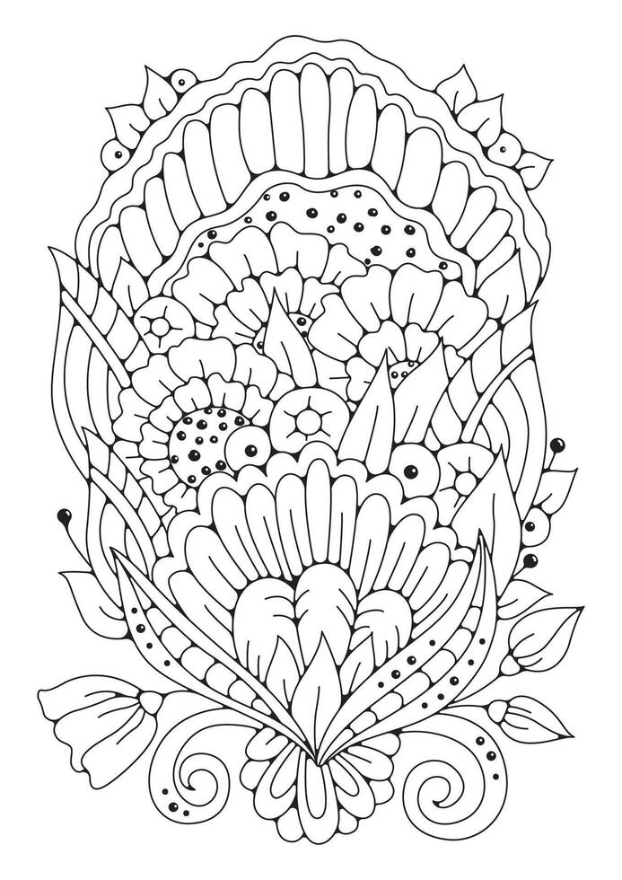 Coloring page, art therapy. Artline a bouquet of flowers for coloring. Black and white floral background. vector