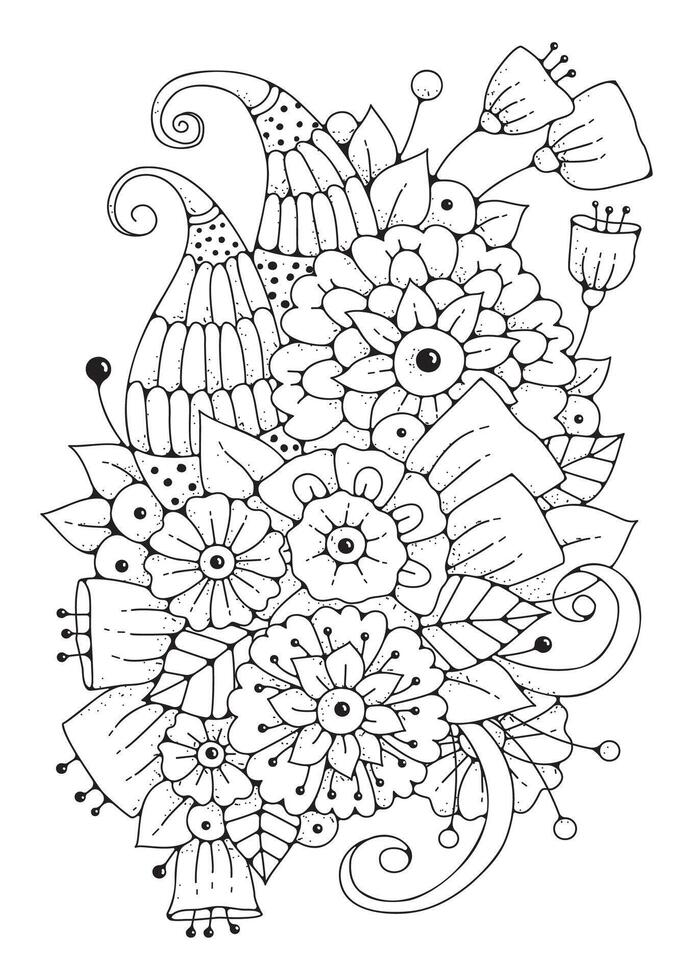 Flowers, buds, curls. Black and white floral illustration for coloring. Coloring page, art therapy for children and adults. vector