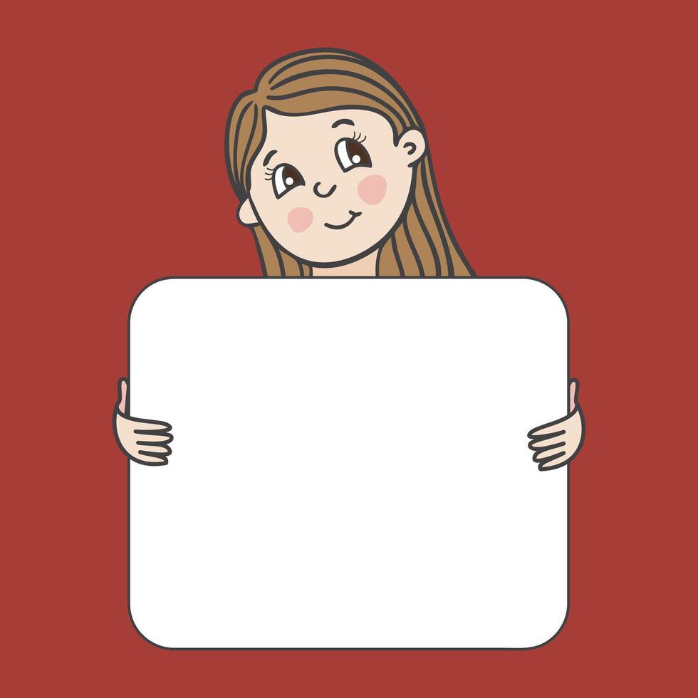 Little smiling girl holding a whiteboard with space for text or design. Illustration in cartoon style isolated on brown background vector