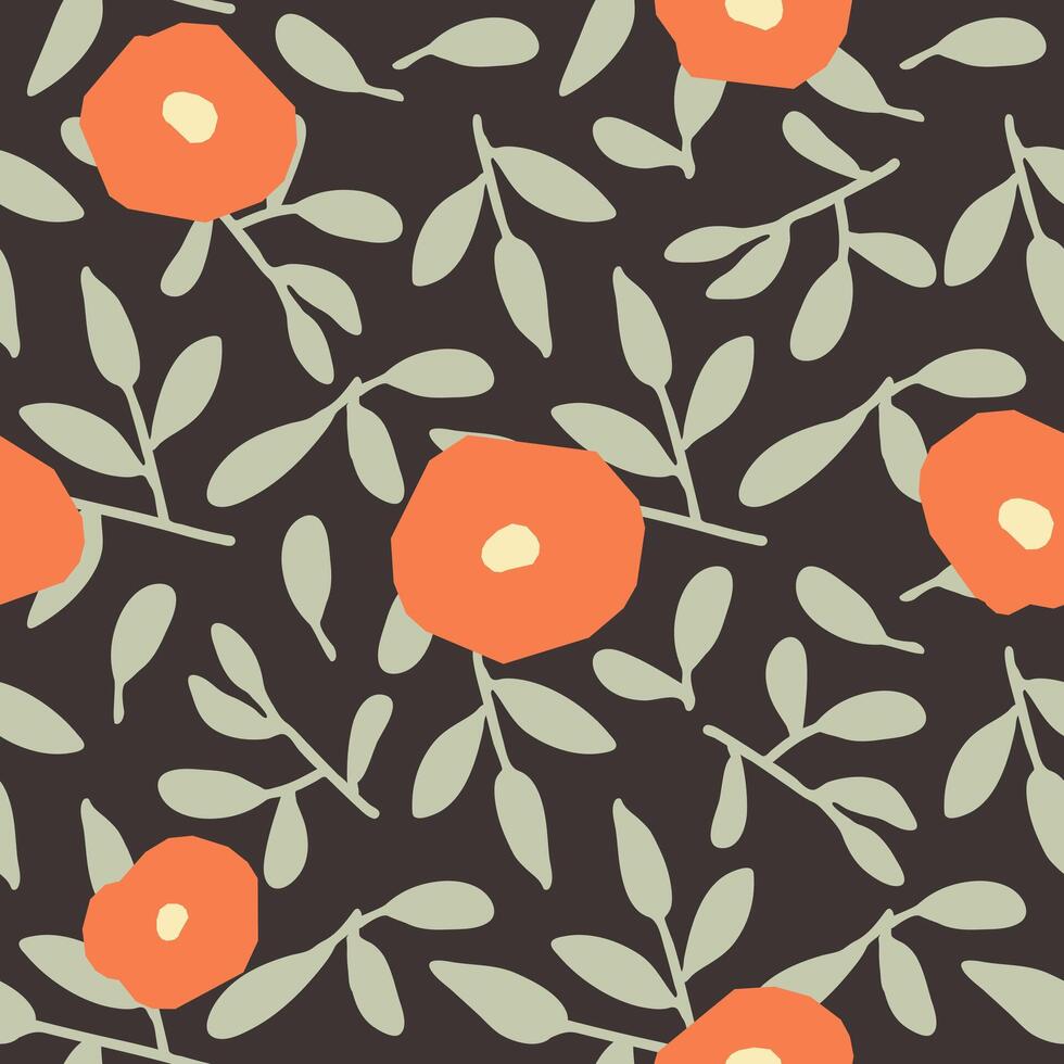 Seamless pattern with hand-drawn flowers and leaves. Floral pattern on the dark background. Floral background. Best for fabric, wrapping paper, home textile. vector