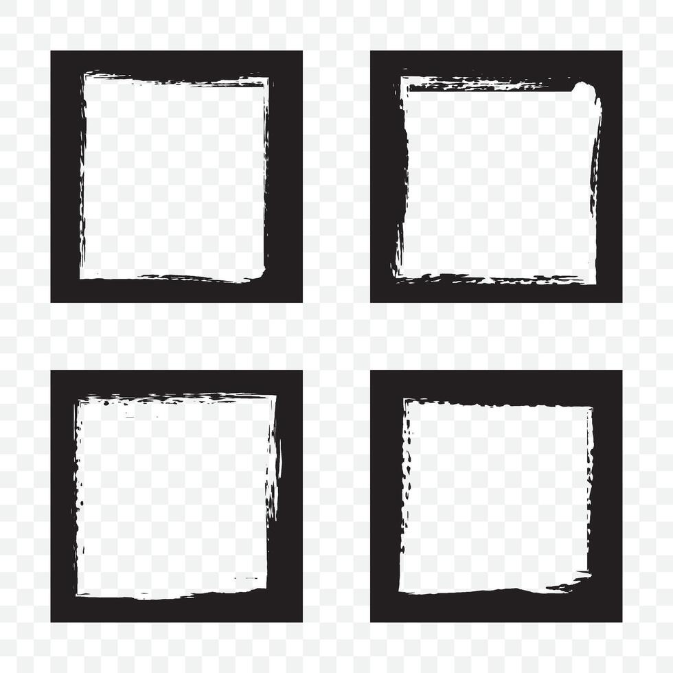 Set of square grunge black stickers isolated on white background. A group of labels with uneven rough edges drawn with an ink brush. Design elements, 4 square frames vector