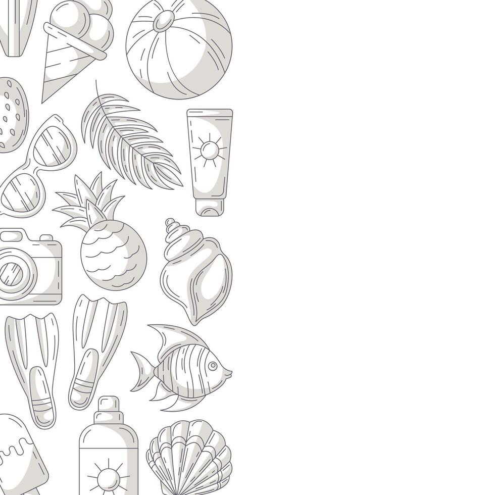 Summer square card, monochrome gray beach accessories icons. Side border frame, copy space, isolated on white. Summertime, holiday and vacation. For poster, flyer, banner, invitation, social media vector