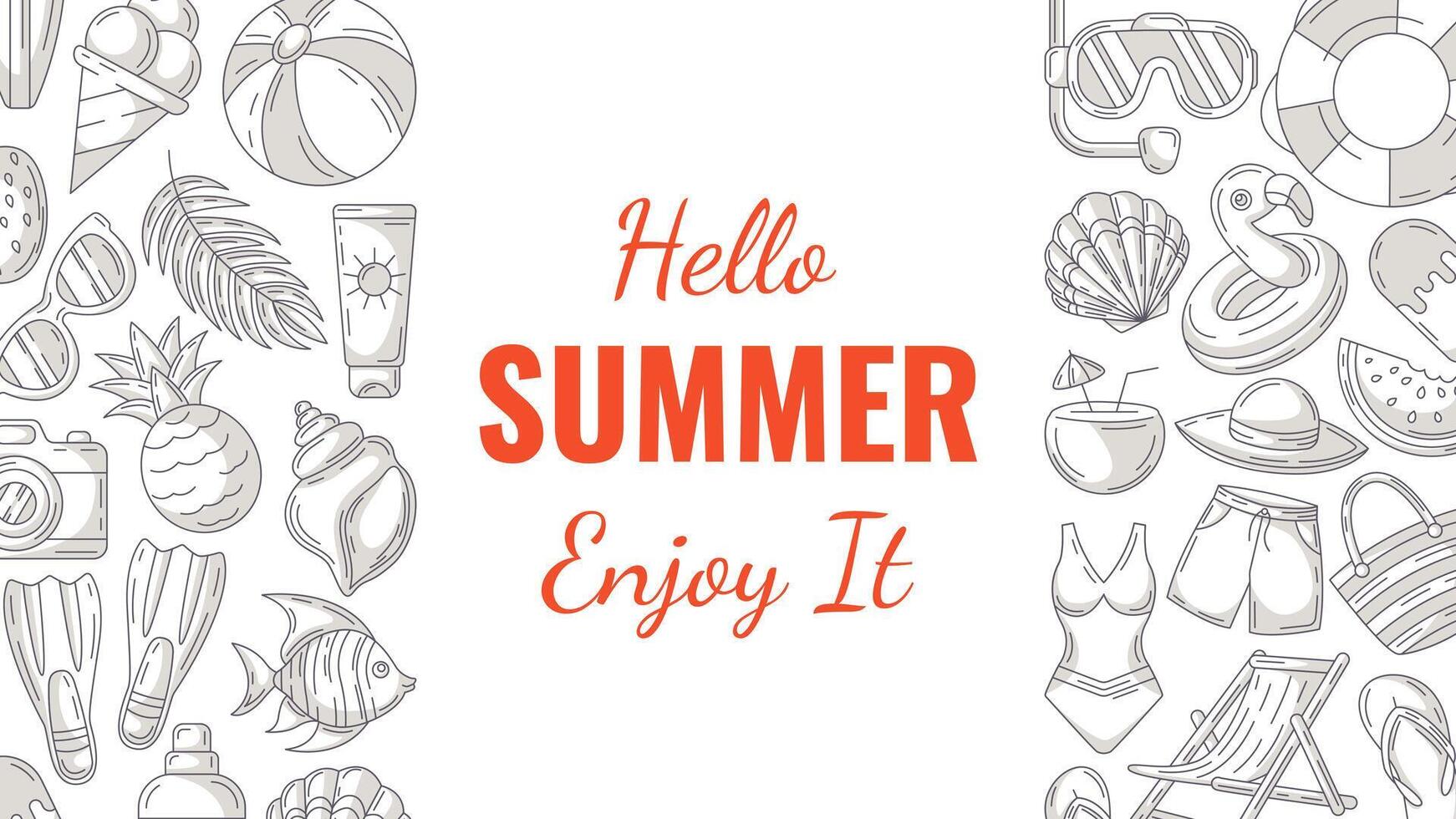 Summer minimal horizontal banner, beach accessories, gray monochrome icons. Side borders of frame, copy space, isolated on white. Hello summertime. For poster, flyer, card, invitation, social media vector