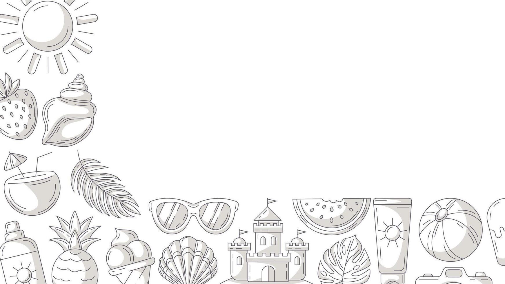 Summer minimal horizontal banner, beach accessories, gray monochrome icons. Side borders of frame, copy space, isolated on white. Summertime, sun and fun. For poster, flyer, card, invitation vector