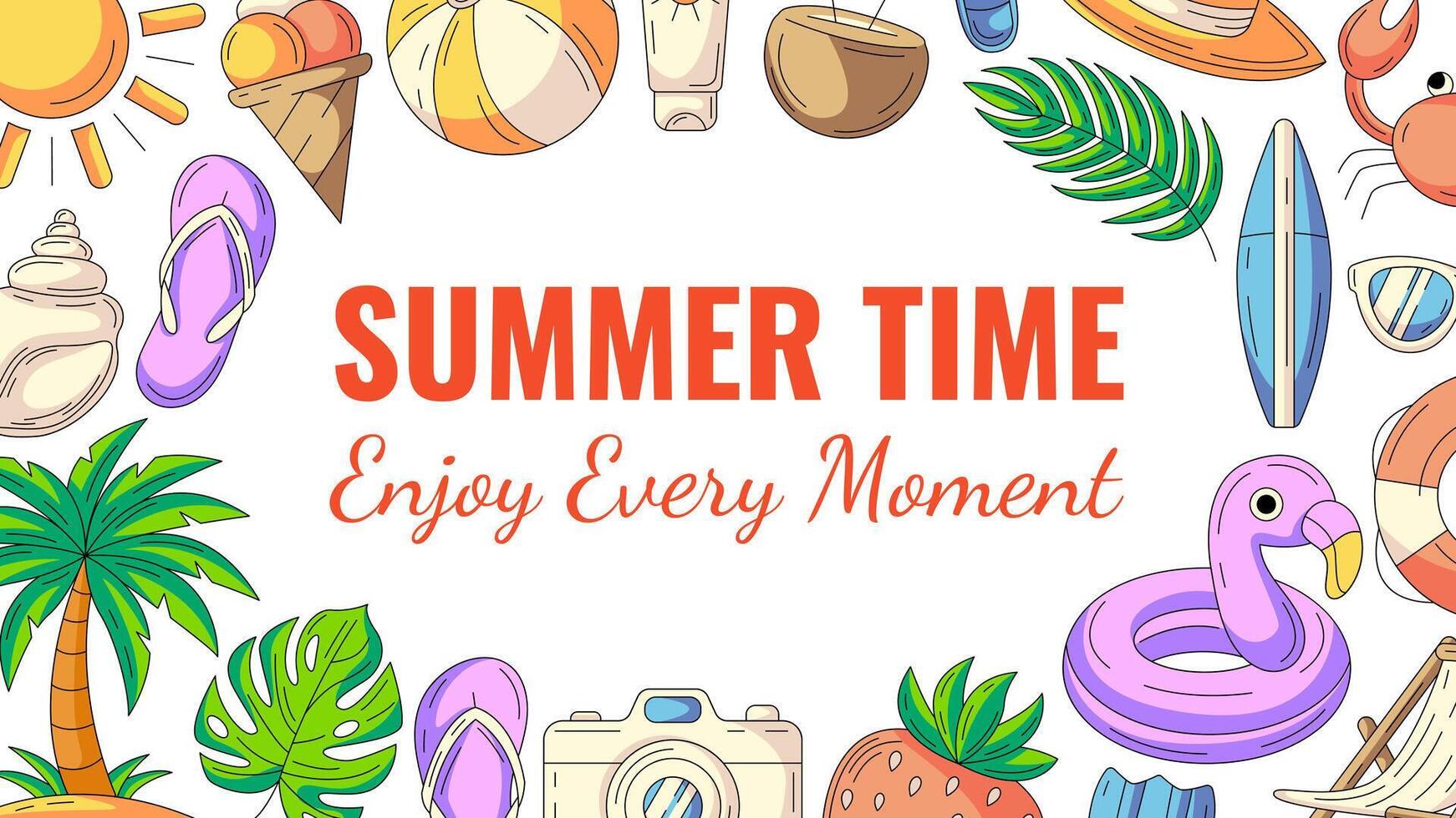 Summer colorful horizontal banner, beach accessories icons. Round border frame, copy space, isolated on white. Summertime, enjoy every moment. For poster, flyer, card, invitation, social media vector