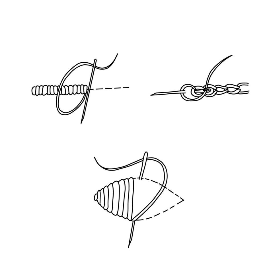 Needle and thread silhouettes. Set of three types of embroidery stitches. Hand drawn illustration, line art isolated on white background. vector