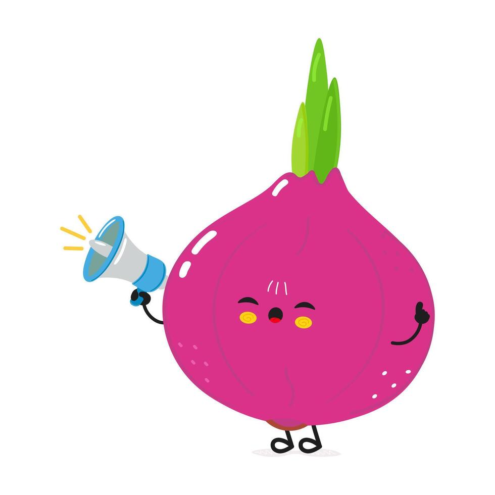 Onion with loudspeaker character. hand drawn cartoon kawaii character illustration icon. Isolated on white background. Onion screams character concept vector