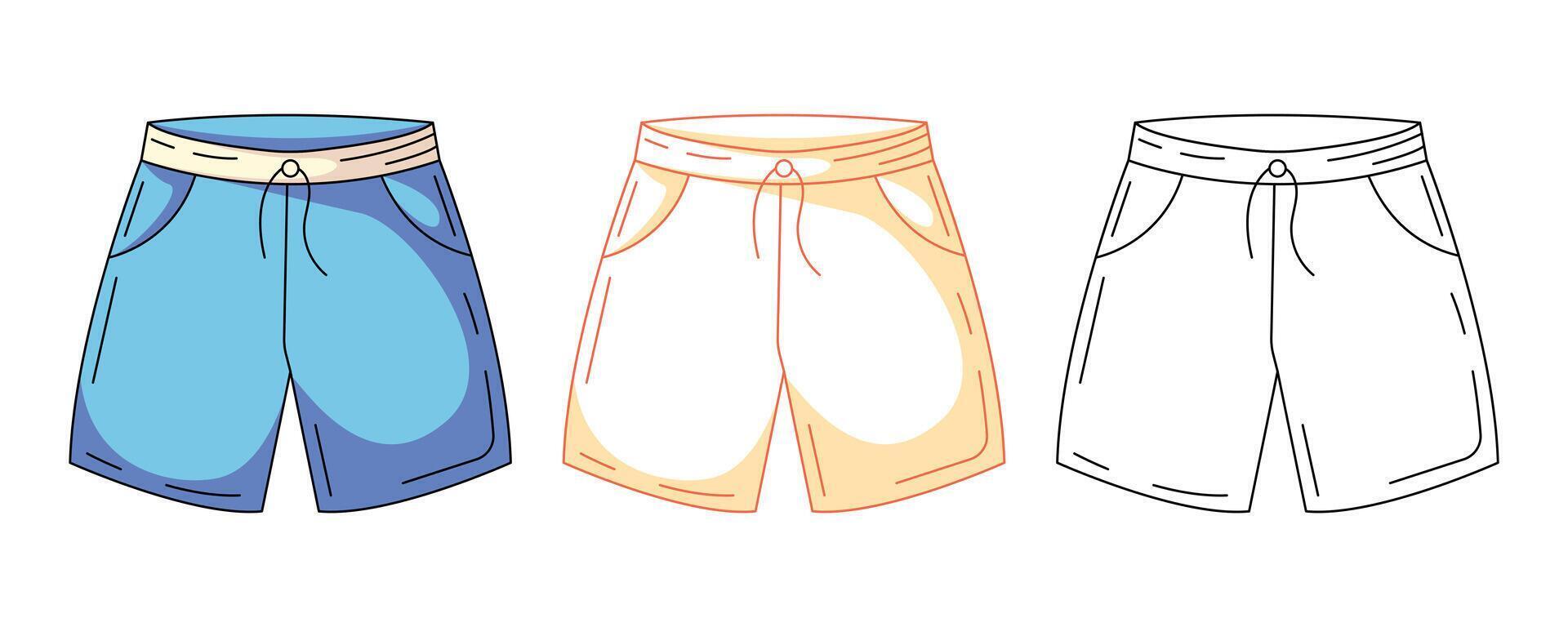 Mens summer beach swimming shorts, colorful and line icons set. Summer outline icon, monochrome and color illustration. Holiday and vacation, summertime. For logo, sticker, coloring book vector