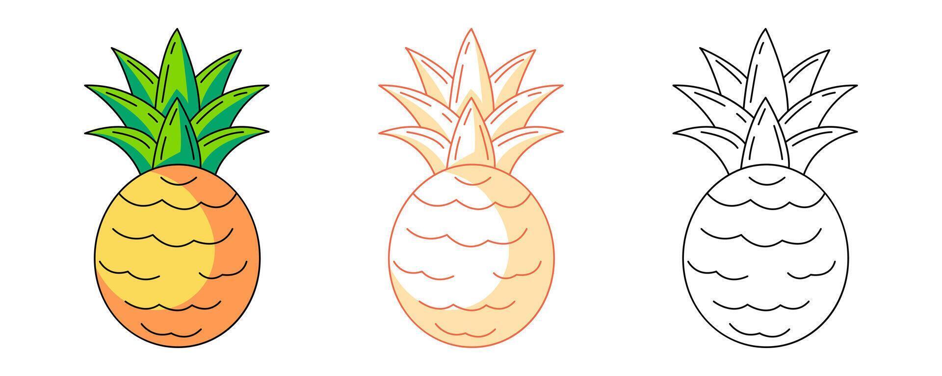 Pineapple, colorful and line icons set. Summer food, outline icon, monochrome and color illustration. Ripe tropical and exotic fruit, summertime. For logo, sticker, coloring book, label vector