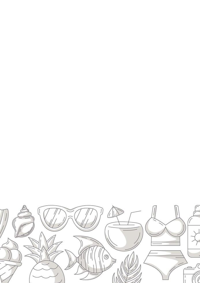 Summer vertical a4 poster, beach elements and accessories icons, minimalist monochrome gray. Bottom border frame, copy space, isolated on white. For card, flyer, banner, invitation, social media vector