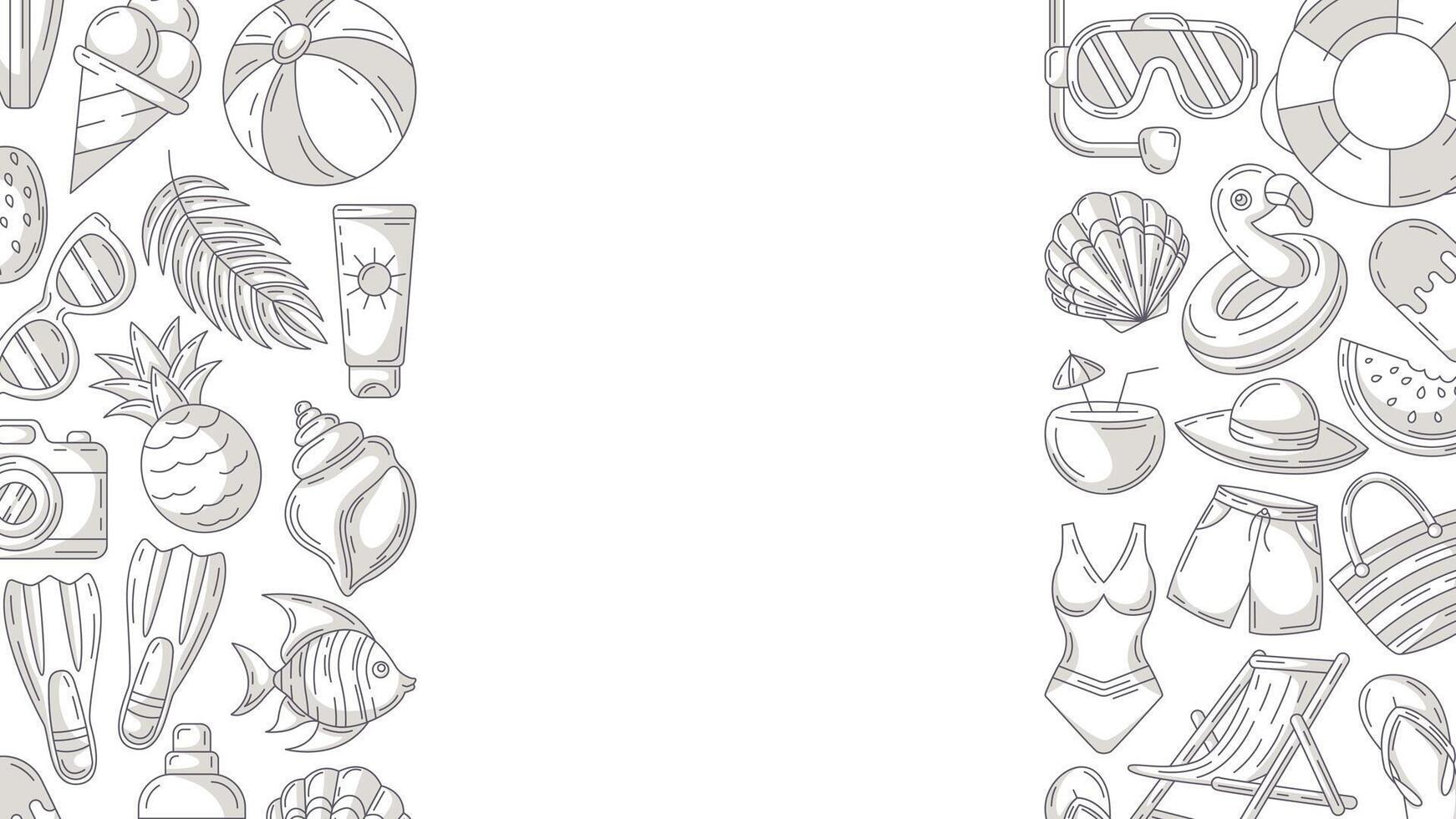 Summer minimalist horizontal banner, beach accessories, gray monochrome icons. Side border frame, copy space in the middle, isolated on white. For poster, flyer, card, invitation, social media vector