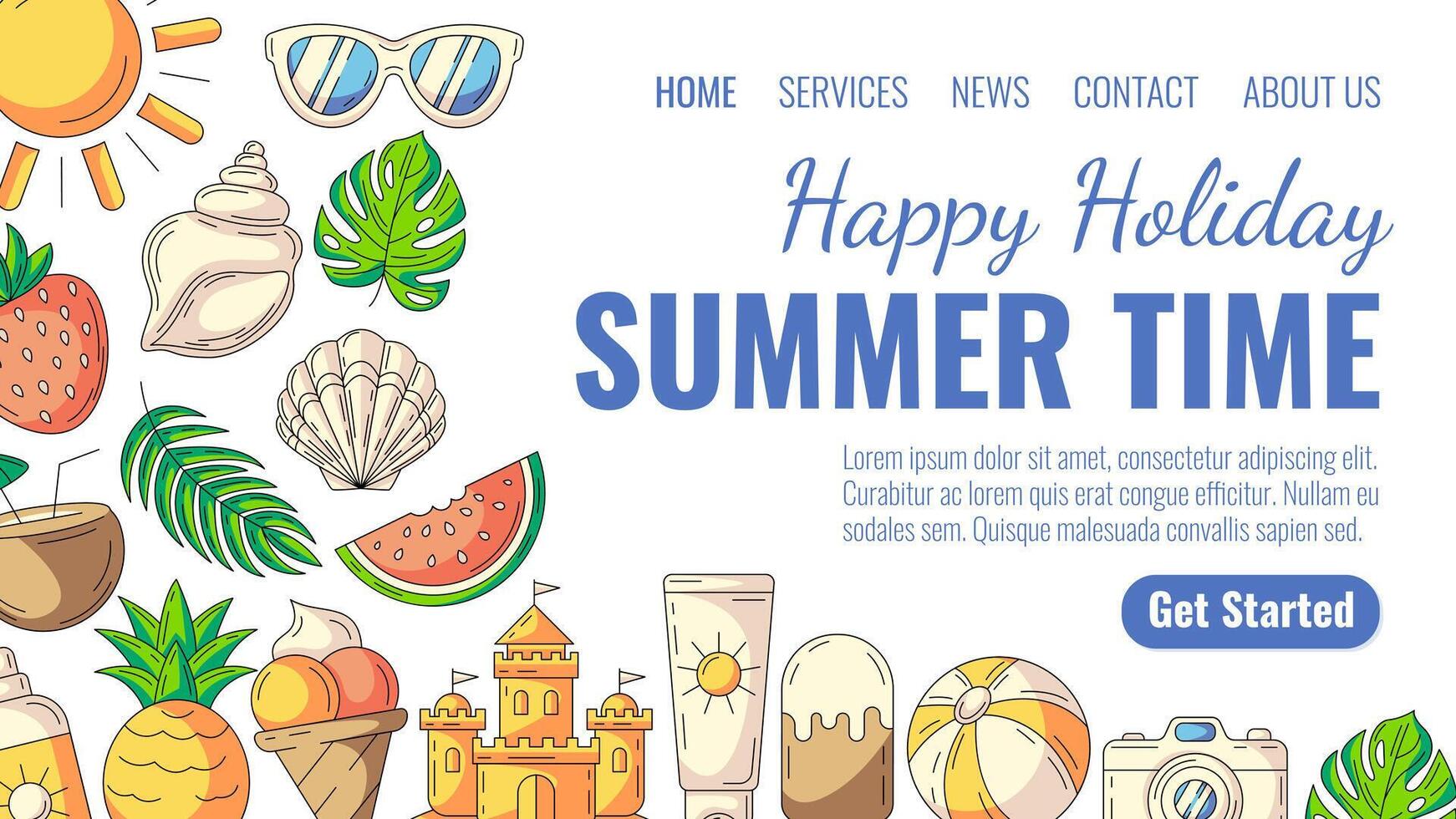 Summer beach elements and accessories. Sun, seashell, watermelon, sand castle, inflatable ball, camera, pineapple, coconut cocktail. Landing page template for website, web, online, banner, tour vector