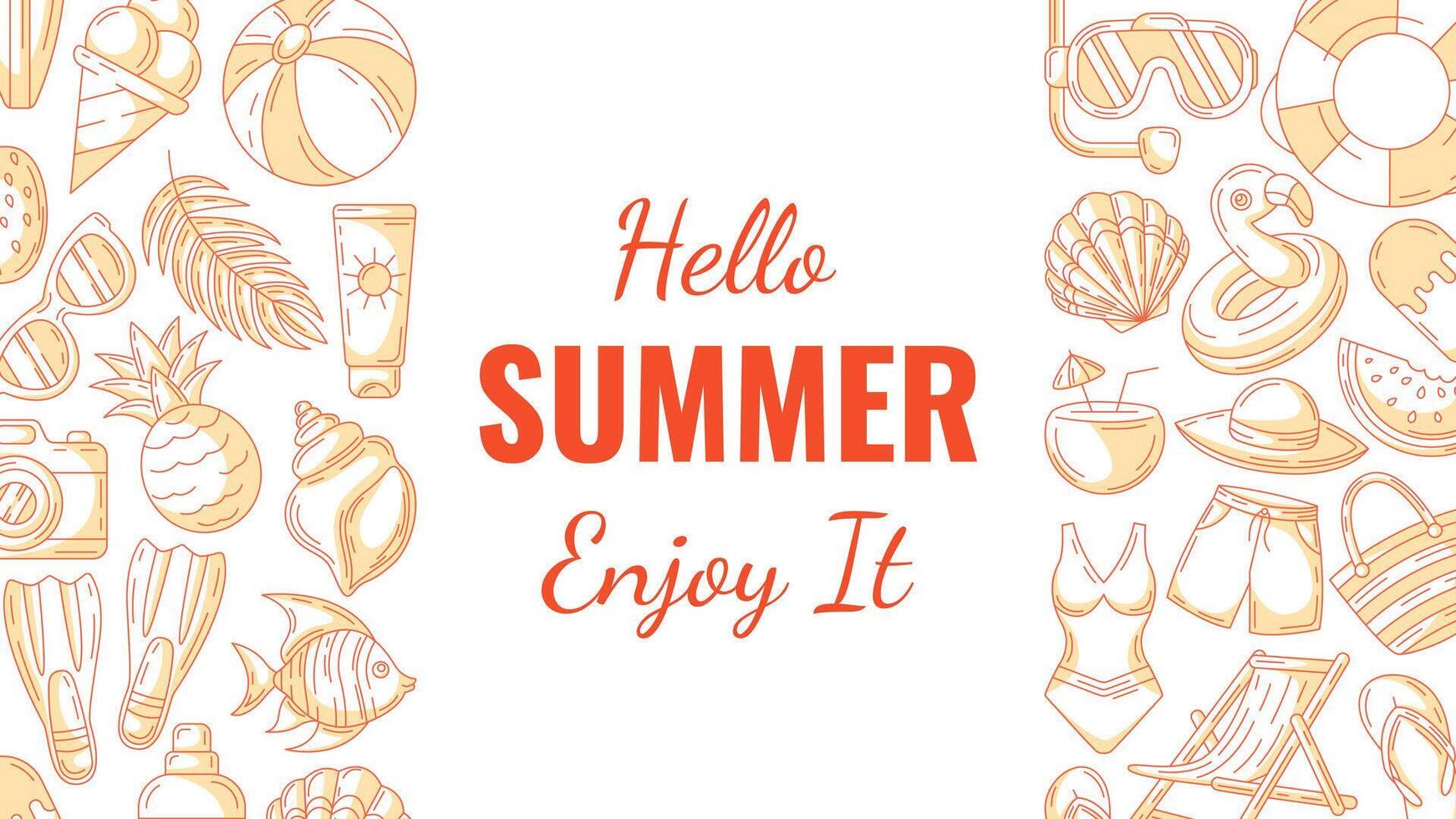 Summer minimal horizontal banner, beach accessories, orange monochrome icons. Side border frame, copy space, isolated on white. Hello summertime. For poster, flyer, card, invitation, social media vector