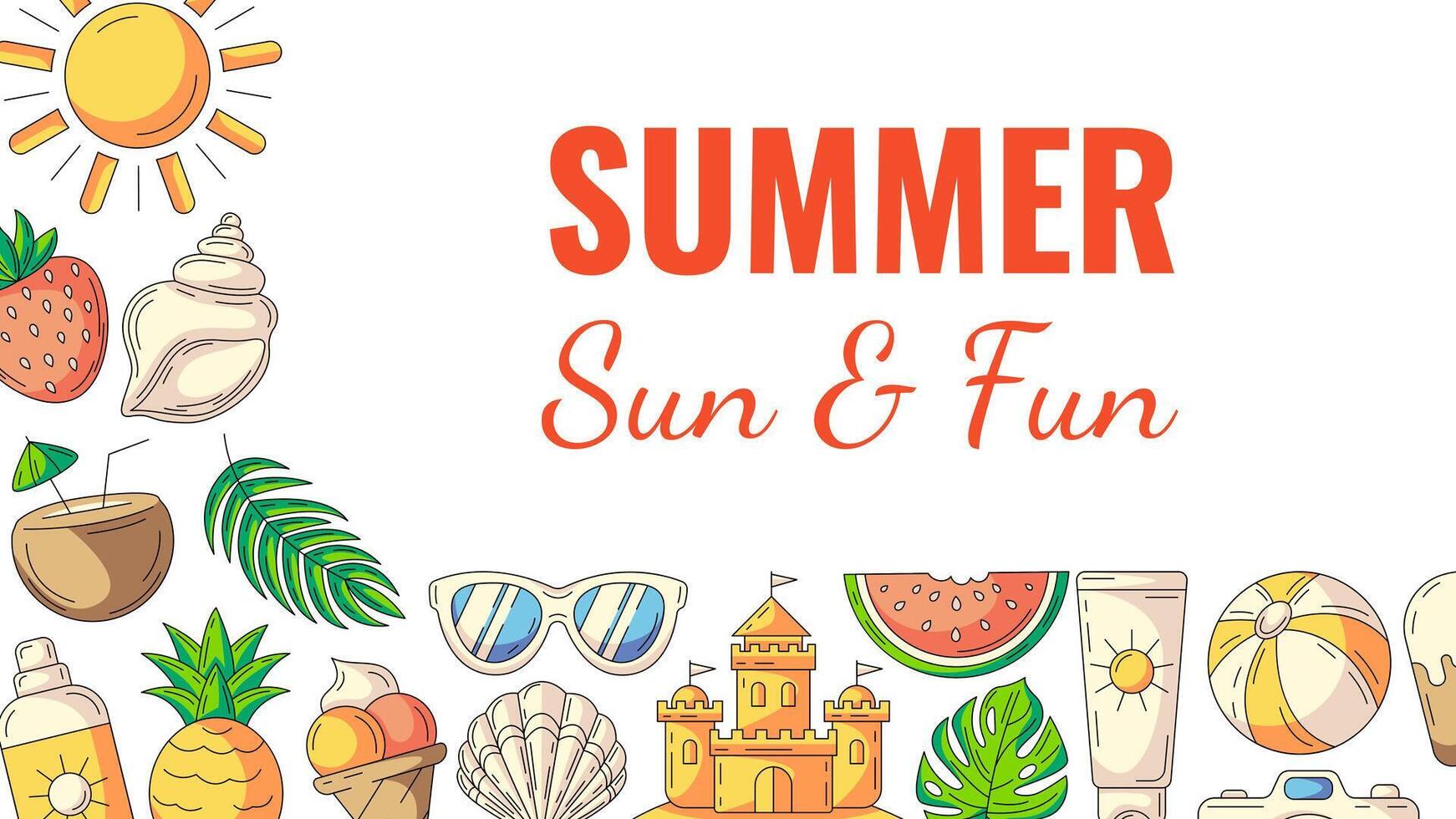 Summer colorful horizontal banner, beach accessories icons. Side border frame, copy space, isolated on white. Summertime, sun and fun. For poster, flyer, card, invitation, postcard vector