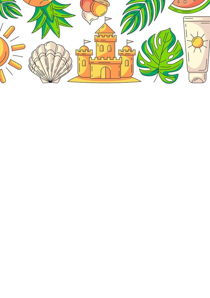 Summer vertical a4 poster, beach elements and accessories icons. Upper border frame, copy space, isolated on white. Sand castle, seashell, sunscreen. For card, flyer, banner, invitation, social media vector