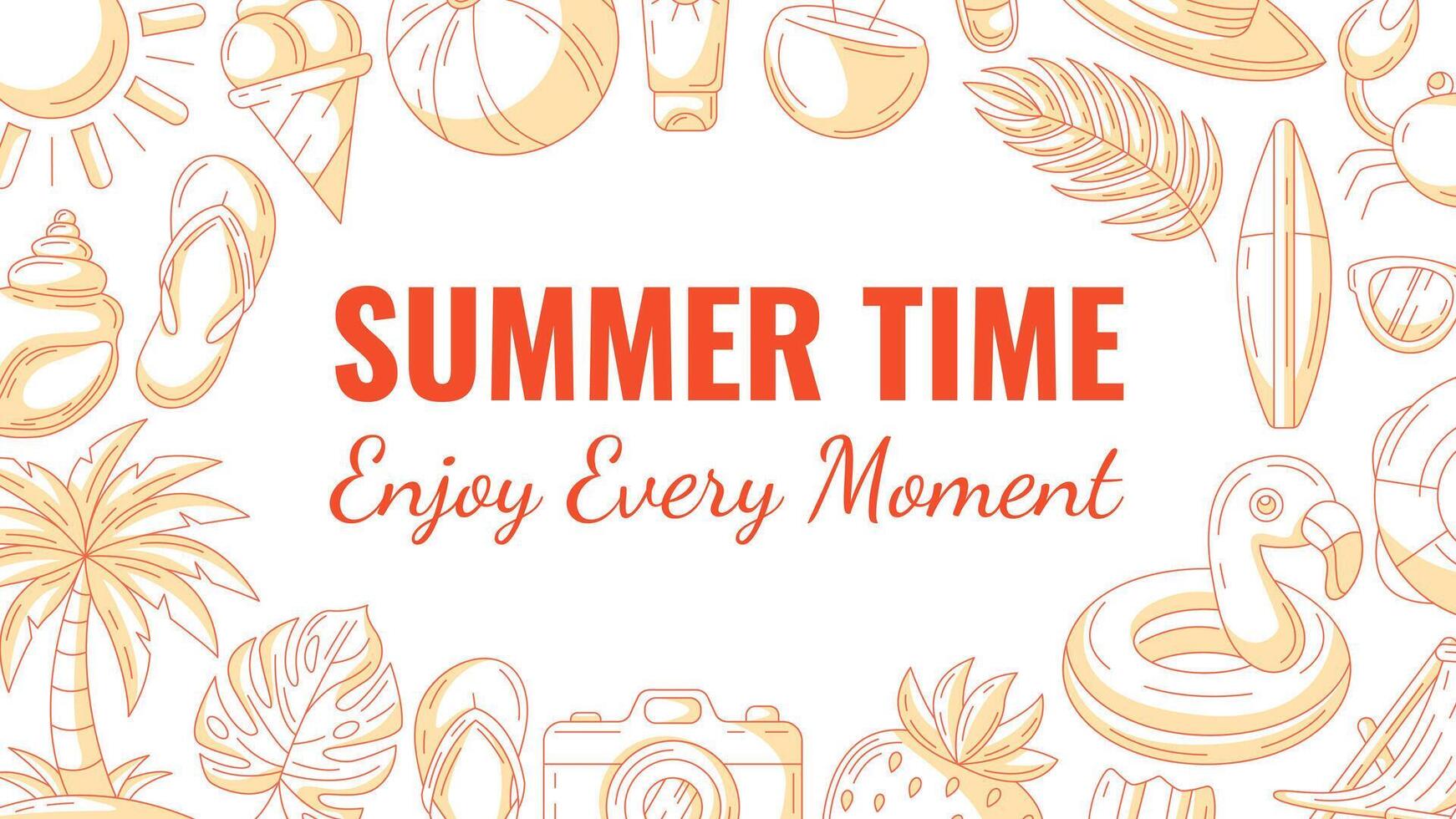 Summer minimalist horizontal banner, beach accessories orange monochrome icons. Round border frame, copy space, isolated on white. Summertime, enjoy every moment. For poster, flyer, card, invitation vector