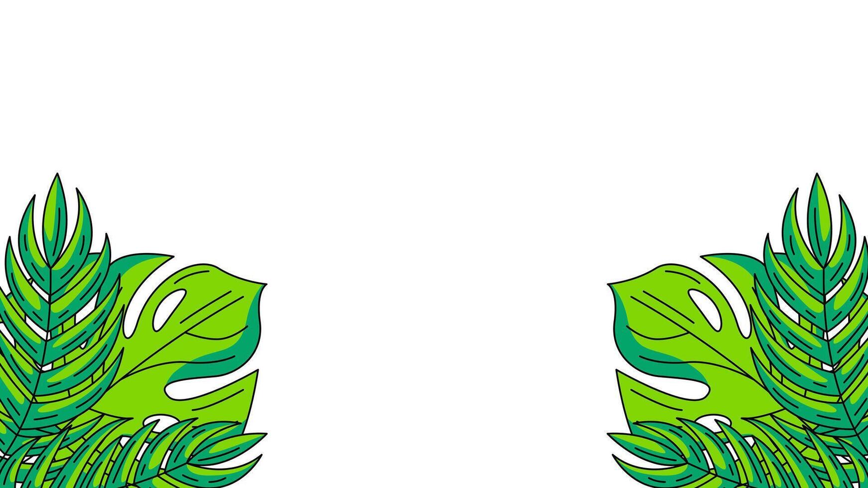 Summer horizontal banner, frame of tropical leaves at the bottom corners with space for text. Monstera leaf, jungle plant. Botanical background for poster, flyer, invitation, postcard, party or event. vector