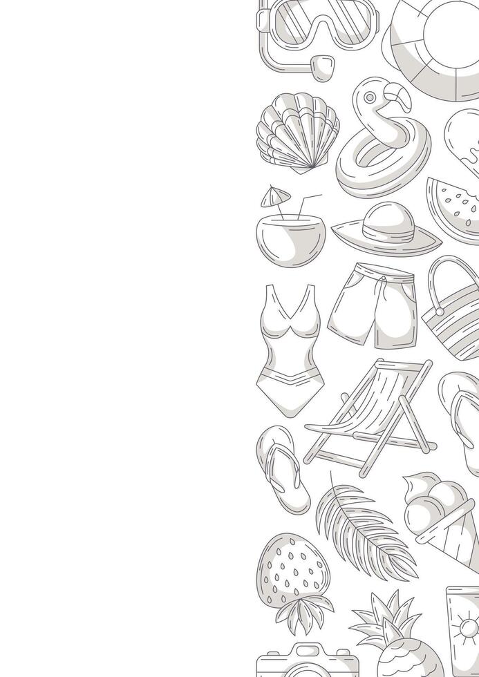 Summer minimalist vertical a4 poster, beach elements and accessories icons, monochrome gray. Right side border frame, copy space, isolated on white. For card, flyer, banner, invitation, social media vector