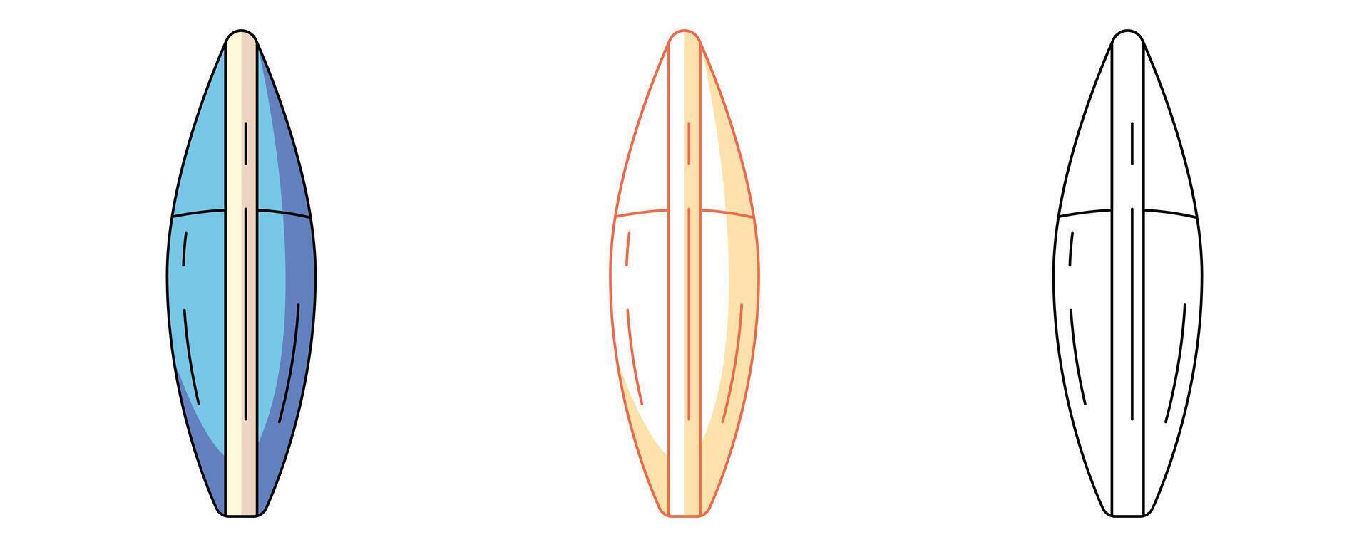 Surfboard, colorful and line icons set. Summer beach concept, outline icon, monochrome and color illustration. Active summertime. For sticker, coloring book, logo, label vector