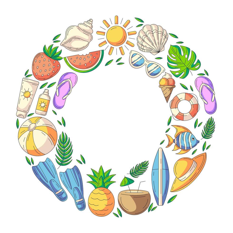 Summer holiday elements in round shape frame. Square card, colorful beach accessories icons isolated on white, space for text in the middle. For poster, flyer, banner, invitation, social media. vector