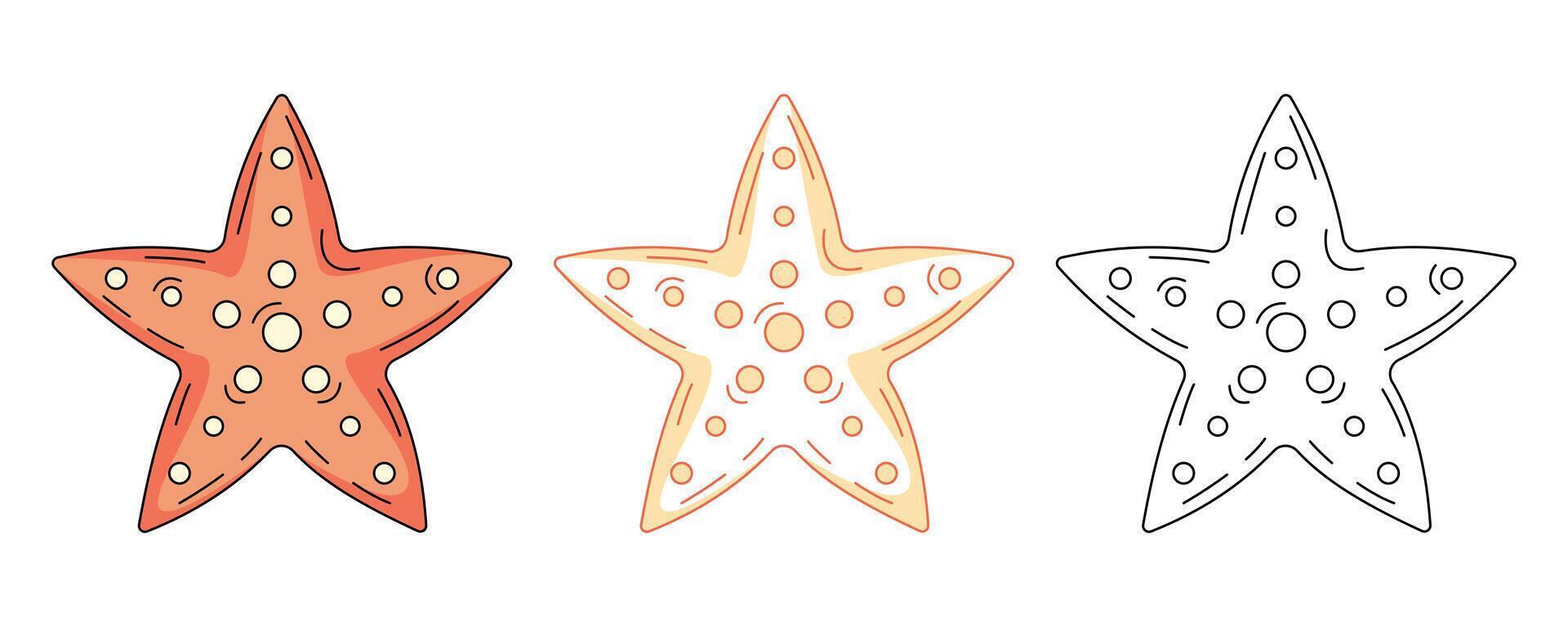 Starfish, colorful and line icons set. Summer beach, underwater, marine concept, outline icon, monochrome and color illustration. Summertime. For sticker, coloring book, logo, label vector