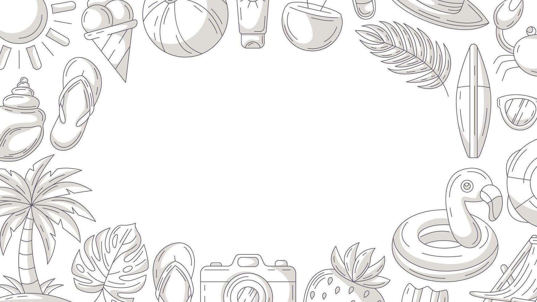 Summer minimalist horizontal banner, beach accessories gray monochrome icons. Round border frame, copy space in the middle, isolated on white. Enjoy every moment. For poster, flyer, card, invitation vector