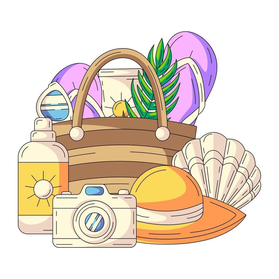 Sunscreen, sunglasses, flip flops in bag, camera, hat and seashell. Composition with summer vacation elements and holiday accessories. Flat illustration for sticker, scrapbook, social media vector