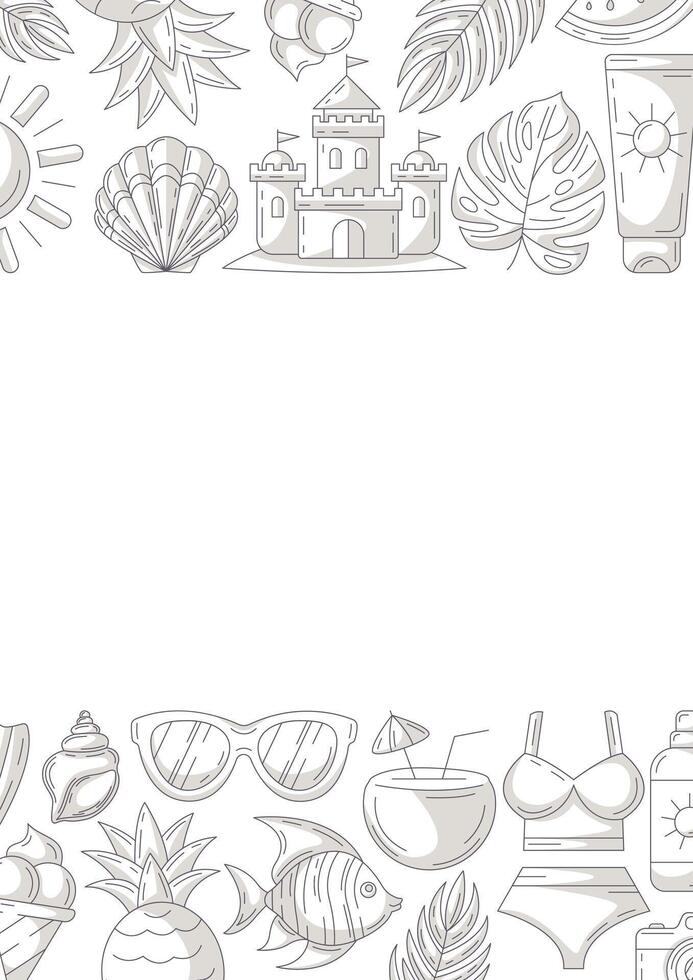 Summer minimalist vertical a4 poster, beach elements and accessories icons, monochrome gray. Upper and bottom border frame, copy space, isolated on white. For card, banner, invitation, social media vector