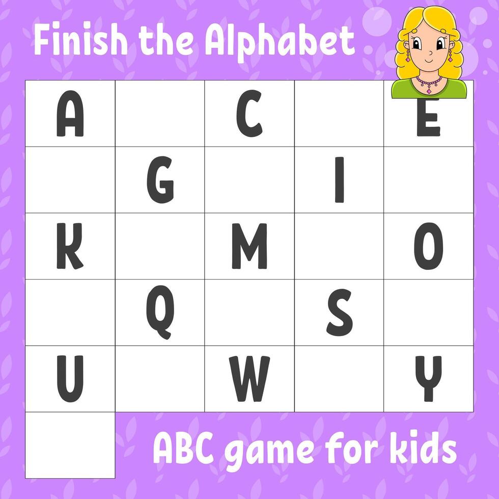 Finish the alphabet. ABC game for kids. vector