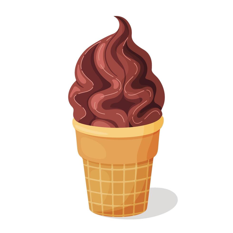 Chocolate ice cream in waffle cup. Delicious dessert Cool refreshing dessert Hand drawn flat style isolated cheerful and summery appearance, whipped frozen chocolate cream illustration vector