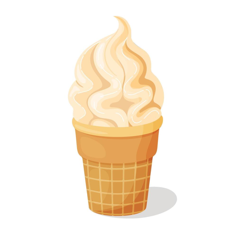 Creamy vanilla ice cream in waffle cup. Delicious dessert Cool refreshing dessert Hand drawn flat style isolated cheerful and summery appearance, whipped frozen vanilla cream illustration vector