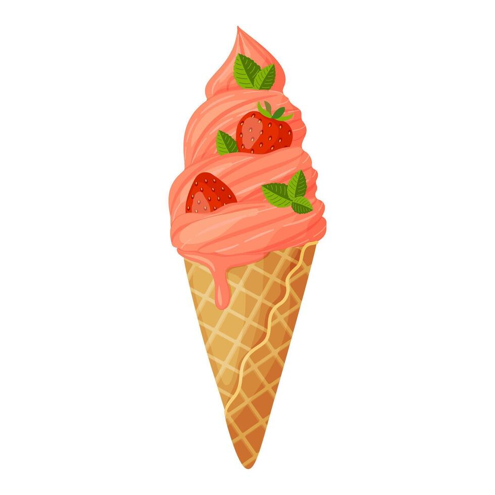 Strawberry ice cream in waffle cone. Ripe berry and mint leaves Cool refreshing dessert Hand drawn flat style isolated cheerful and summery appearance illustration vector