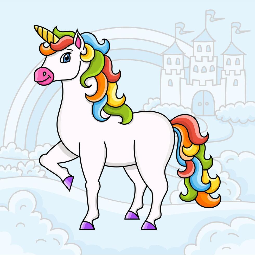 Cute unicorn. Magic fairy horse. Landscape with a beautiful castle. Cartoon character. Colorful illustration. Isolated on color background. Design element. vector