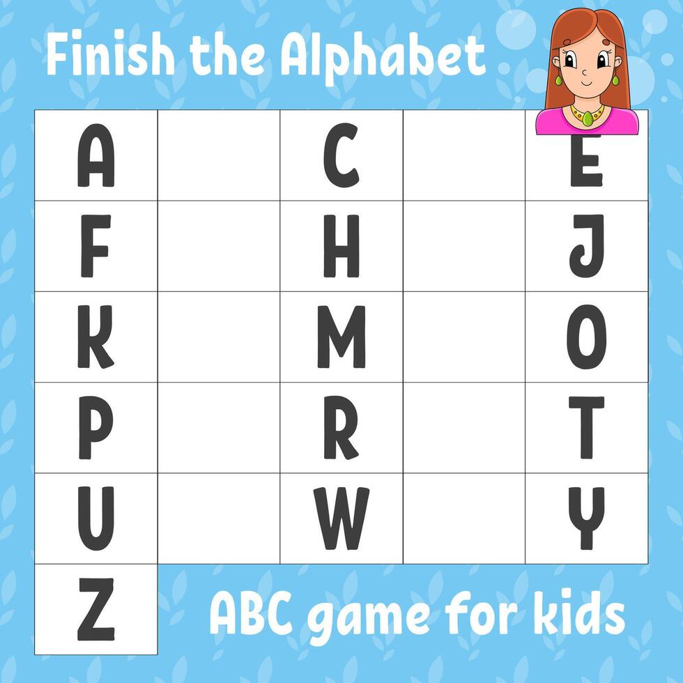 Finish the alphabet. ABC game for kids. vector