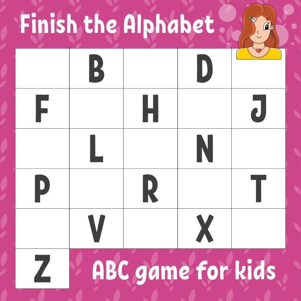 Finish the alphabet. ABC game for kids. vector