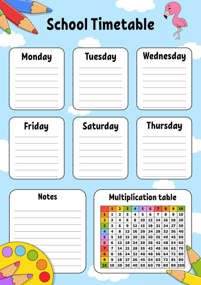 School timetable with multiplication table. vector